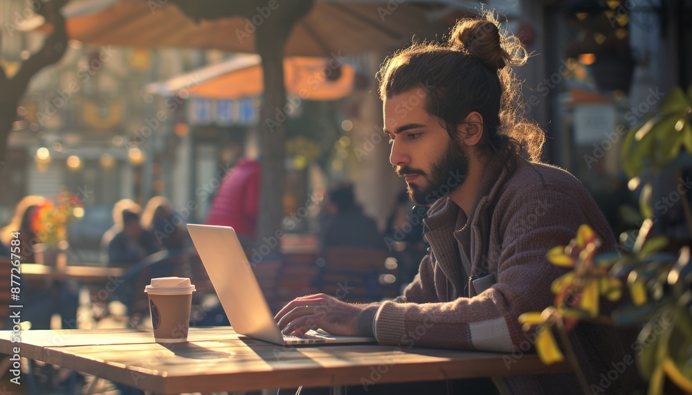 Focused Man with Man Bun Hairstyle Working on Laptop at Sunlit Outdoor Cafe Table, Coffee Cup Beside Him, Digital Nomad Concept Focused Man with Man Bun Hairstyle Working on Laptop at Sunlit Outdoor Cafe Table, Coffee Cup Beside Him, Digital Nomad Concept