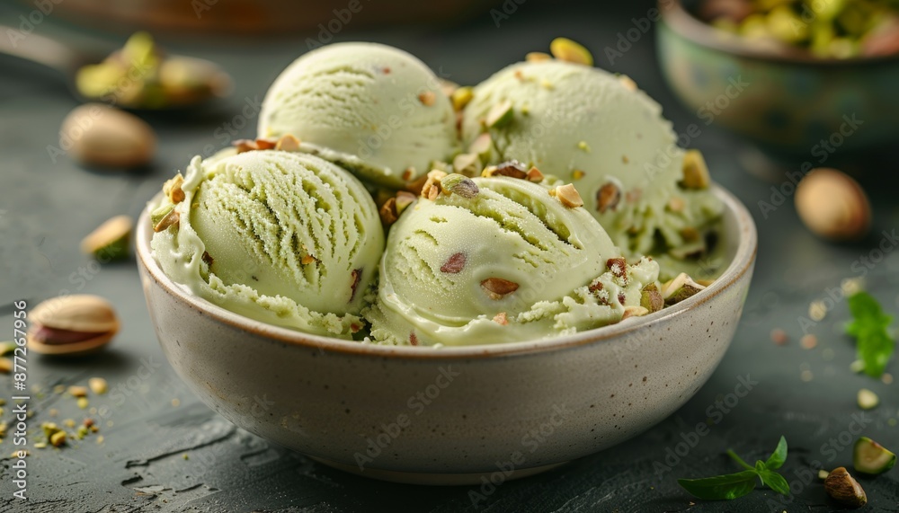 Delicious Scoops of Pistachio Ice Cream Garnished with Nuts in Bowl, Textured Backdrop, Tempting and Refreshing Delicious Scoops of Pistachio Ice Cream Garnished with Nuts in Bowl, Textured Backdrop, Tempting and Refreshing