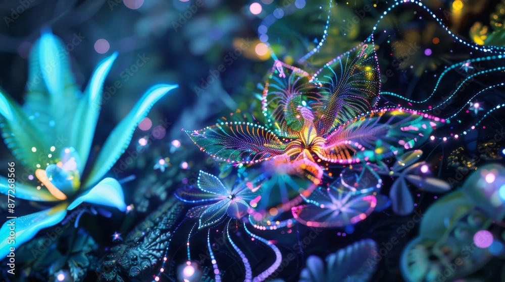 Botanical illustrations lit with neon, highlighting the sacred geometry ...