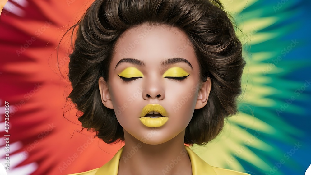 Enjoyed African American Fashion Model portrait . Satisfied Brunette young woman with afro hair style and closed eyes show kiss,creative yellow make up, lips and eyeshadows on colorful background. Enjoyed African American Fashion Model portrait . Satisfied Brunette young woman with afro hair style and closed eyes show kiss,creative yellow make up, lips and eyeshadows on colorful background.