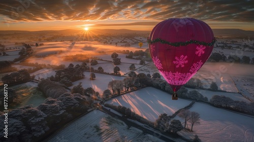 Majestic Winter Sunrise Over Snowy Landscape with Hot Air Balloon