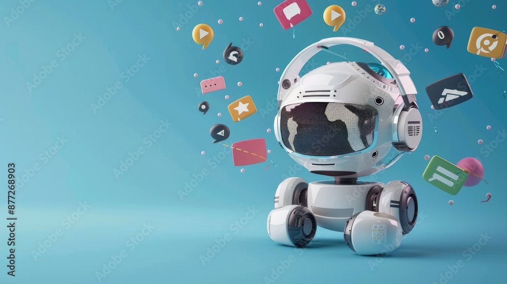 A robot with a pair of headphones on its head A robot with a pair of headphones on its head