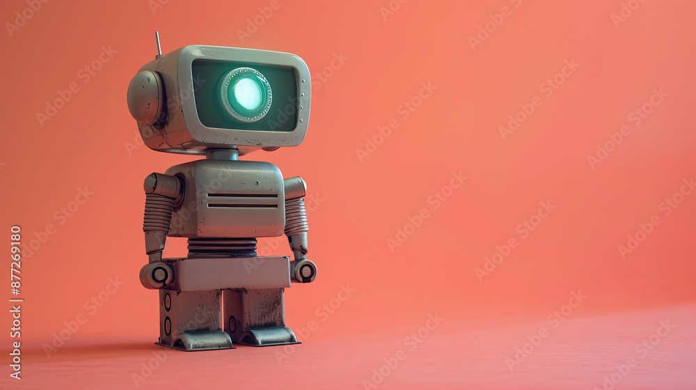 Fototapeta premium A robot with a green face stands on a red background