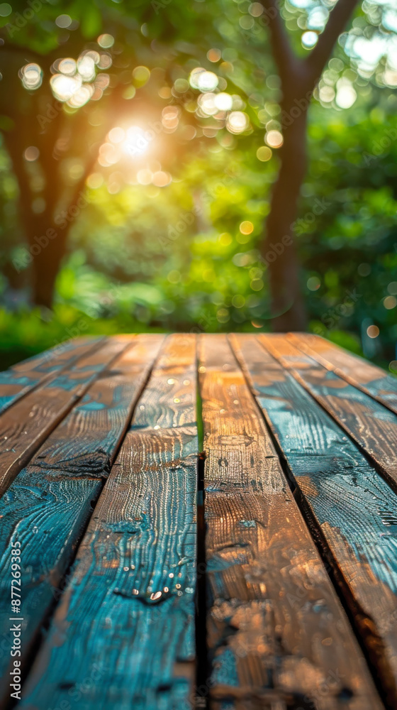 Rustic Wooden Tabletop with Blurred Sunlit Forest Background Rustic Wooden Tabletop with Blurred Sunlit Forest Background