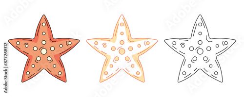 Starfish, colorful and line icons set. Summer beach, underwater, marine concept, vector outline icon, monochrome and color illustration. Summertime. For sticker, coloring book, logo, label