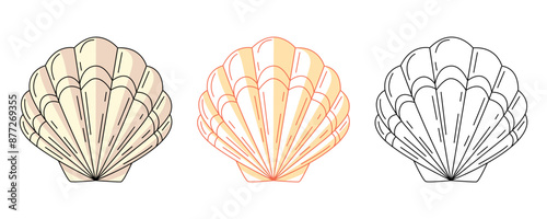 Seashell or scallop, colorful and line icons set. Summer beach, underwater, marine concept, vector outline icon, monochrome and color illustration. Summertime. For sticker, coloring book, logo, label