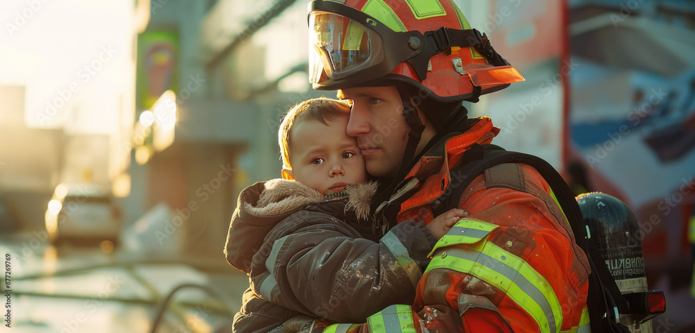 a firefighter carries a child out of the heat in his arms, firefighters work to extinguish the fire,generative ai a firefighter carries a child out of the heat in his arms, firefighters work to extinguish the fire,generative ai