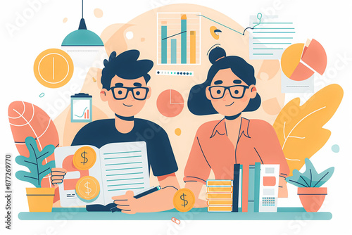 Budget planning for personal finances, couple managing income, flat vector illustration photo