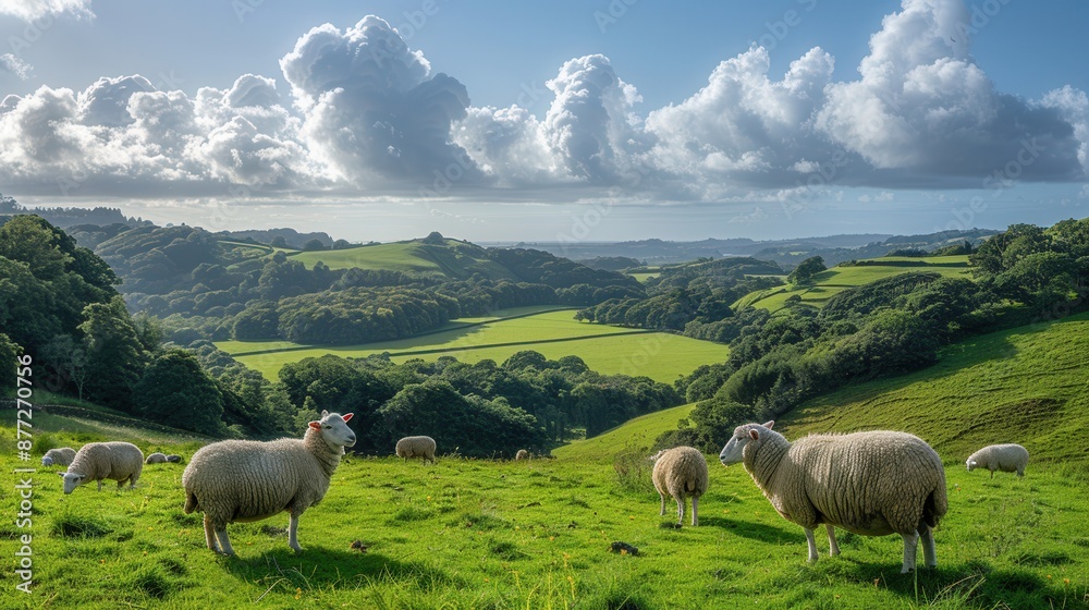 Fototapeta premium Serene Pastoral Scene with Grazing Sheep on Lush Green Landscape Under Partly Cloudy Sky
