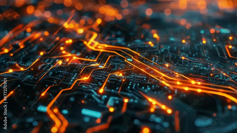 A detailed view of an electronic circuit board with various components and wires