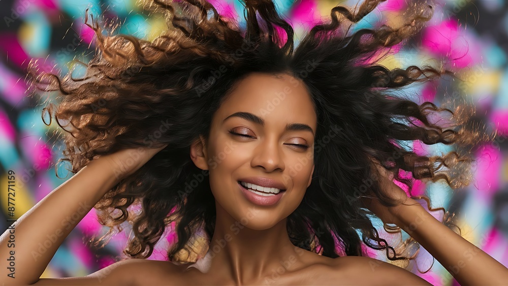 closeup of beautiful black african american young female model woman shaking her beautiful afro hair in motion closeup of beautiful black african american young female model woman shaking her beautiful afro hair in motion