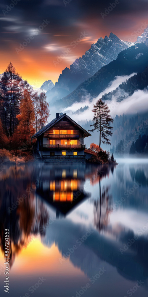 Fototapeta premium Charming lake house amid autumn colors and mist