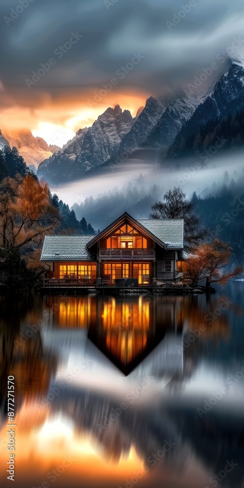 Fototapeta premium Large lakeside cabin amidst misty twilight mountains