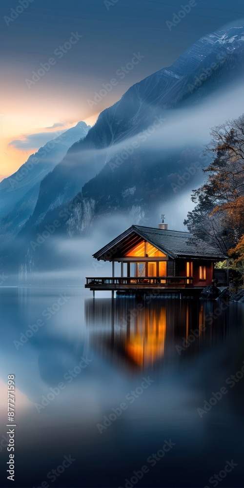 Fototapeta premium Lakeside cabin with reflections during sunrise