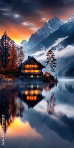 Charming lake house amid autumn colors and mist © Fxquadro