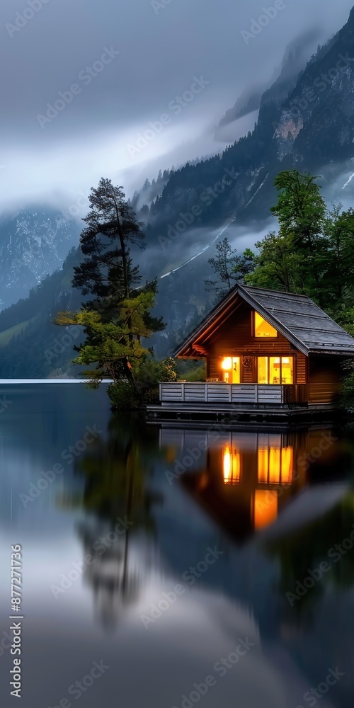 Naklejka premium Lakefront cabin with foggy mountains in morning