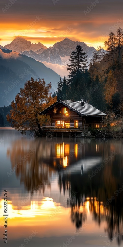 Fototapeta premium Charming alpine cabin by lake at sunset scene