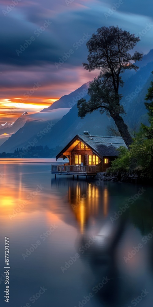 Fototapeta premium Peaceful lakeside cabin with mountains at sunset