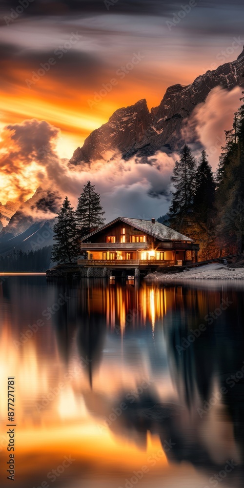 Fototapeta premium Golden sunset behind a lakeside cabin with moun...