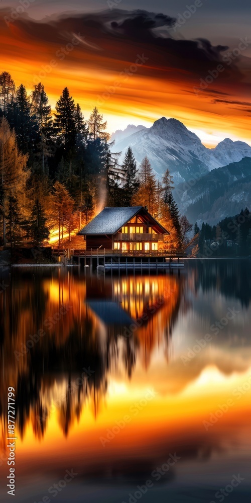 Fototapeta premium Lakeside cabin against dramatic sunset sky backdrop.