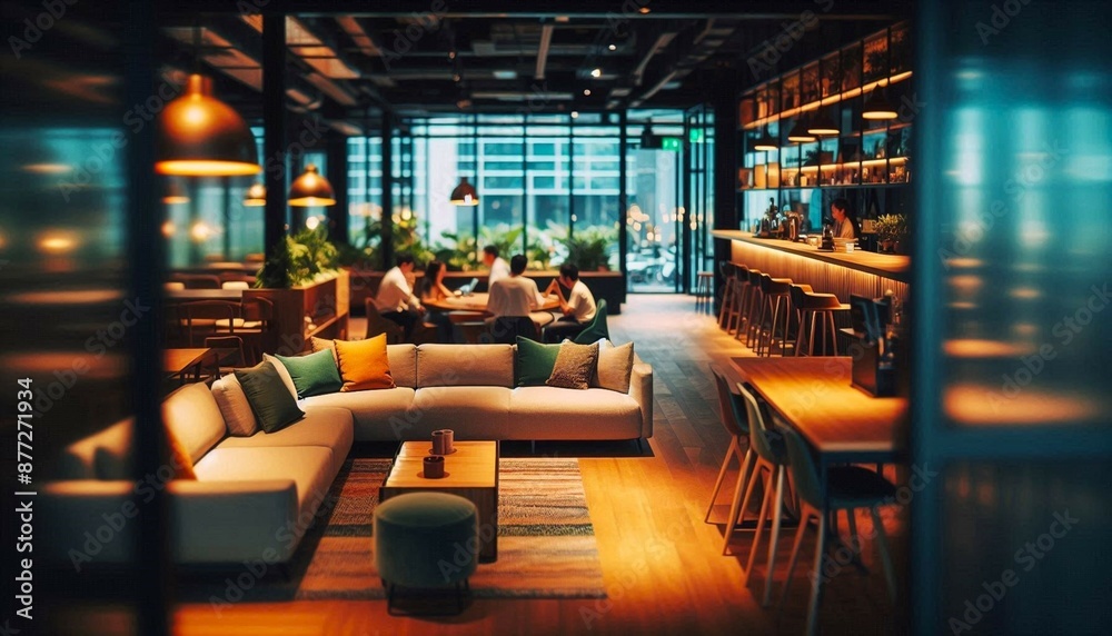 Seating area in cafe or coworking office with people working in the background Seating area in cafe or coworking office with people working in the background