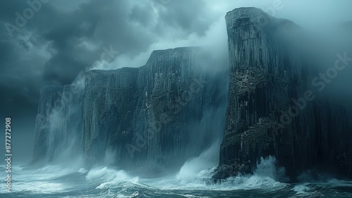 A dramatic coastal scene with towering cliffs, crashing waves, and a stormy sky, creating a moody and powerful backdrop