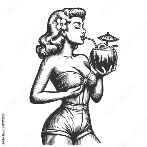1950s pin-up girl sipping a drink from a coconut, summer vibes and retro charm sketch engraving generative ai fictional character vector illustration. Scratch board imitation. Black and white image.