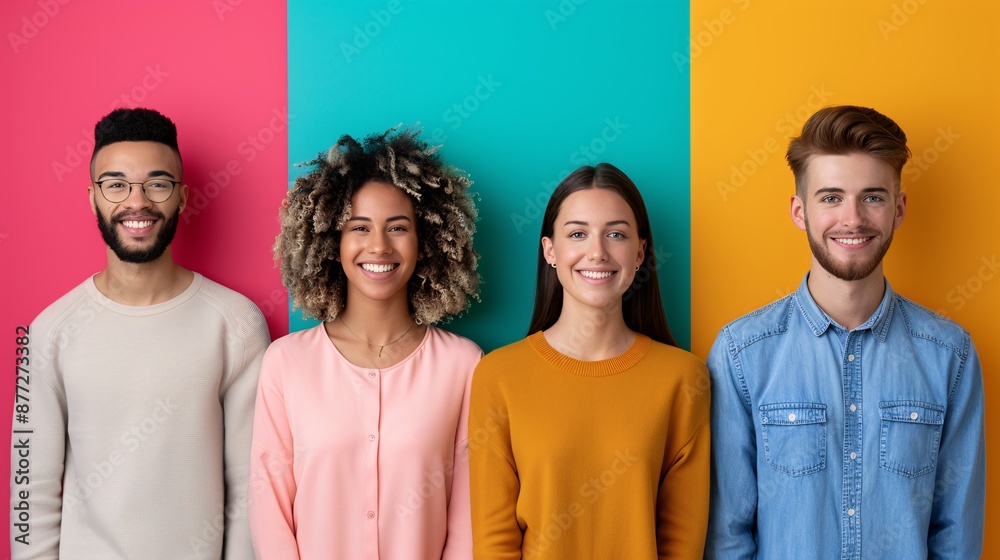 Happy Group of Diverse Young Adults Standing Against Colorful Backgrounds Happy Group of Diverse Young Adults Standing Against Colorful Backgrounds