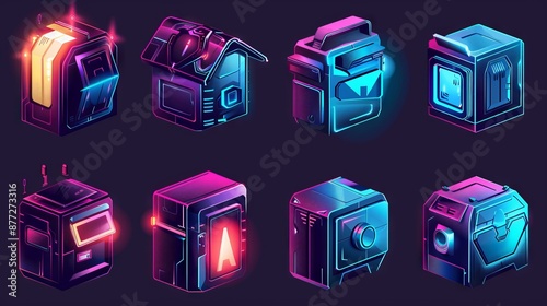 The concept of futuristic game boxes is illustrated on a white background with icons that are reminiscent of sci-fi equipment and loot boxes with electronic locks. photo
