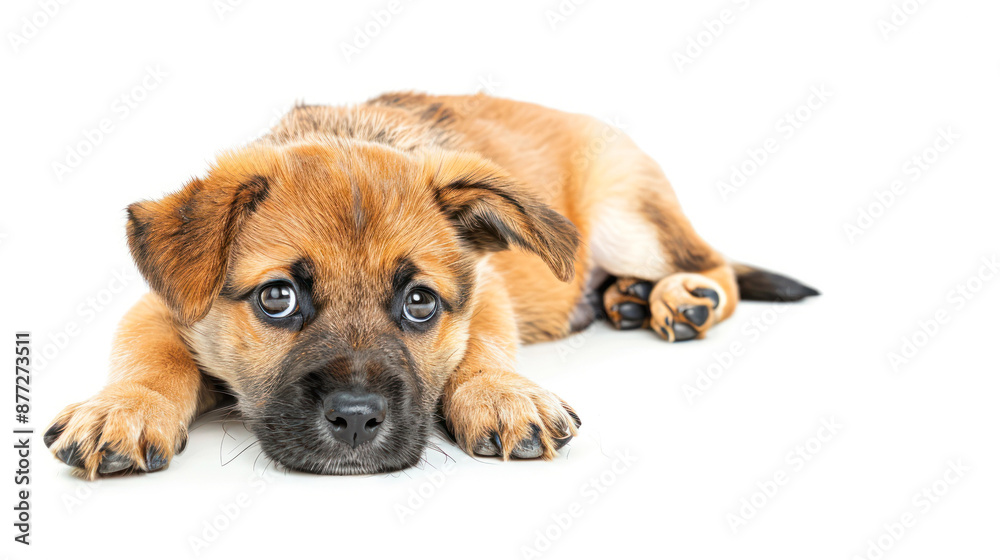Cute puppy with large ears resting on the white floor. Cute puppy with large ears resting on the white floor.