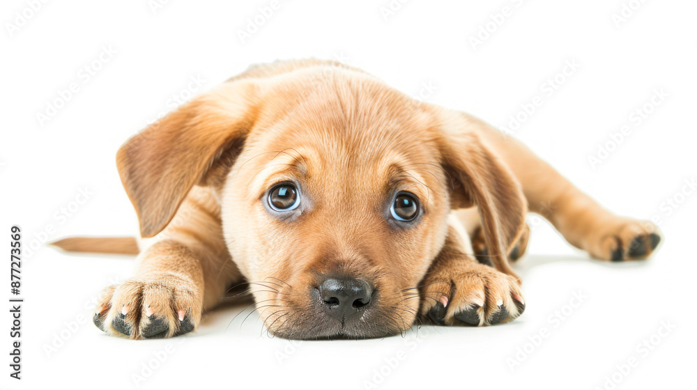 Adorable puppy lying down with paws extended forward Adorable puppy lying down with paws extended forward