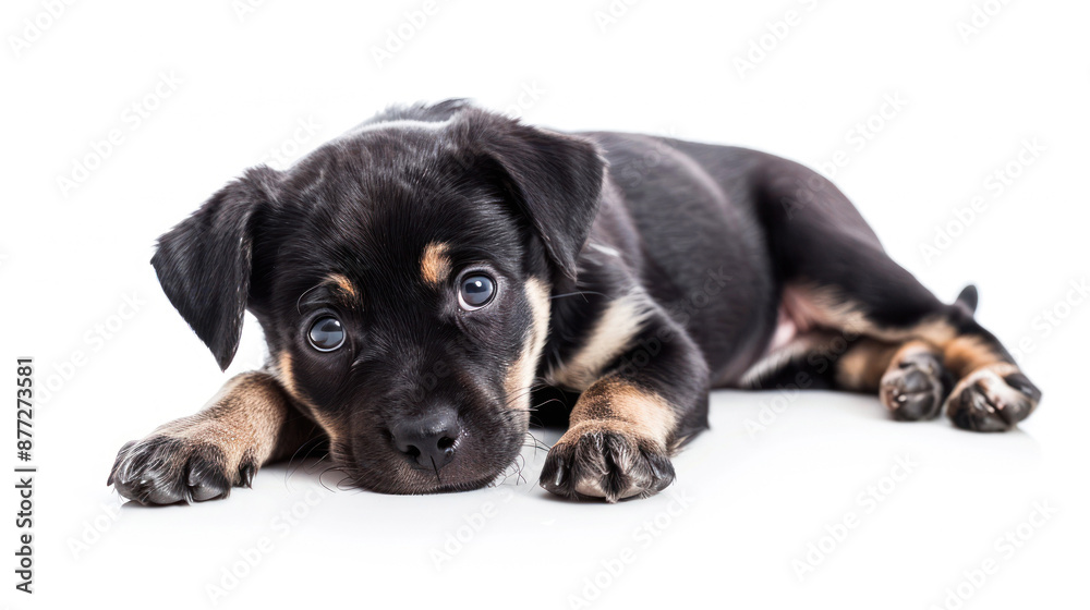 Black and tan puppy lying down with wide curious eyes Black and tan puppy lying down with wide curious eyes