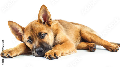 Cute puppy lies down on white background relaxed.