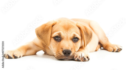 Sweet puppy lying on white floor with large paws. © Fxquadro