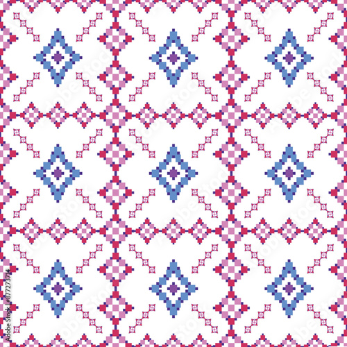 Pixel geometric abstract ethnic textile seamless pattern design.