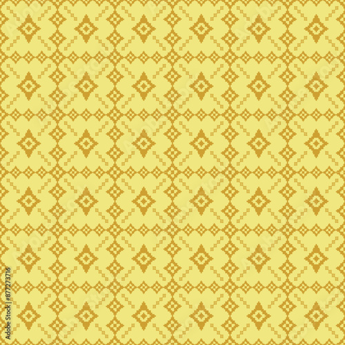 Pixel geometric abstract ethnic textile seamless pattern design. gold pixel art
