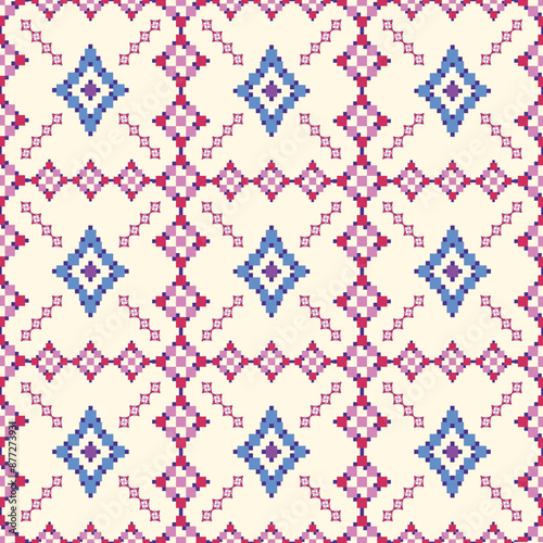 Pixel geometric abstract ethnic textile seamless pattern design.