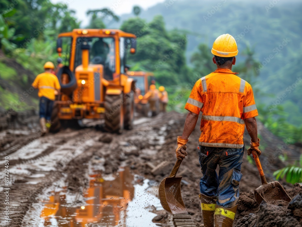 Landslide Emergency Evacuation Workers Clear Debris After Powerful Mudslide, Risk of Damage and Injuries High, Essential Safety Measures in Place