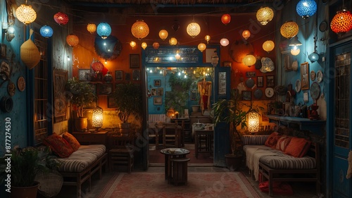 Cozy and inviting Moroccan cafe interior with intricate lanterns, plush cushions, and a warm atmosphere. © M. SYAHRIL