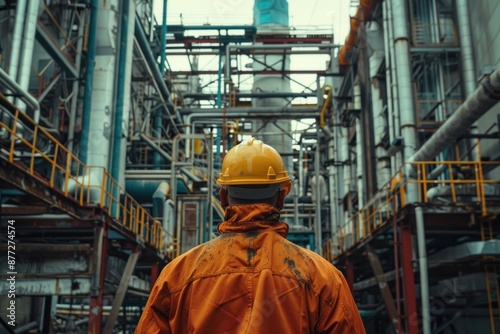 Worker in a yellow hard hat stands before the complex machinery of a power plant