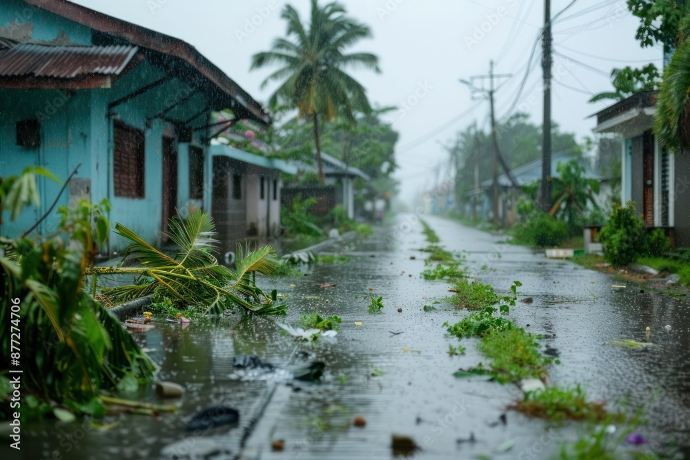 Aftermath of Powerful Cyclone Flooded Streets and Debris in Residential Area, Severe Weather Impact and Destruction, Cyclone Damage and Recovery Aftermath of Powerful Cyclone Flooded Streets and Debris in Residential Area, Severe Weather Impact and Destruction, Cyclone Damage and Recovery