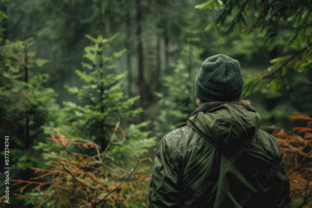 Rear view of a person in a jacket and beanie looking into a foggy, lush green forest Rear view of a person in a jacket and beanie looking into a foggy, lush green forest
