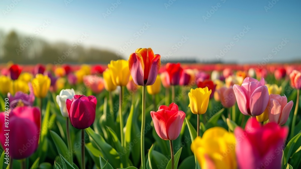 A vibrant field of blooming tulips in various colors, stretching out under a clear sky A vibrant field of blooming tulips in various colors, stretching out under a clear sky