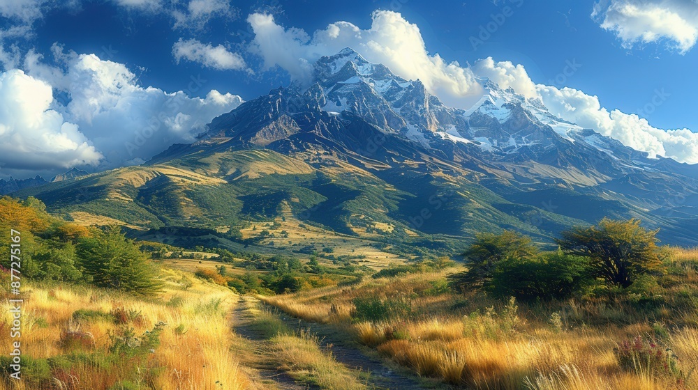 Fototapeta premium Majestic Mountain Range with Towering Peaks Against Dynamic Cloudy Sky
