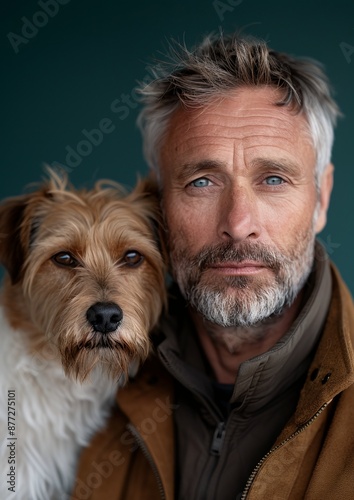 Mature Man with His Dog in Outdoor Clothing Against a Dark Background. Dog looks like its owner. photo