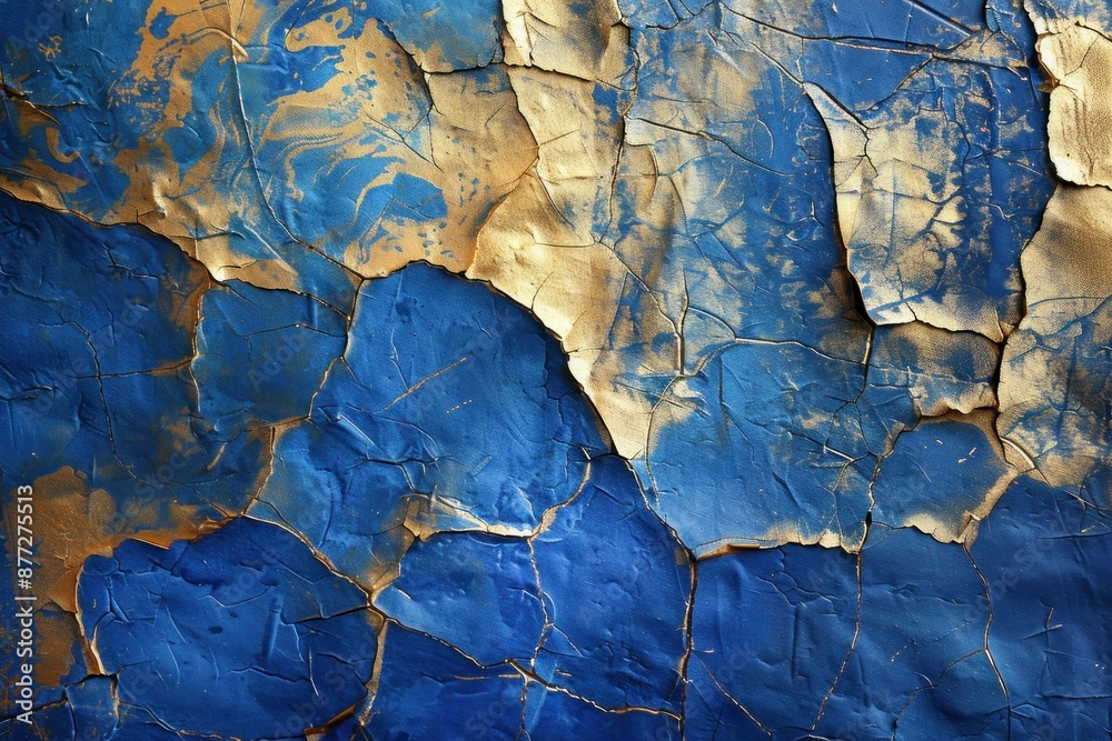Naklejka premium Closeup of peeling blue and gold paint on a textured surface, showcasing the beauty of decay