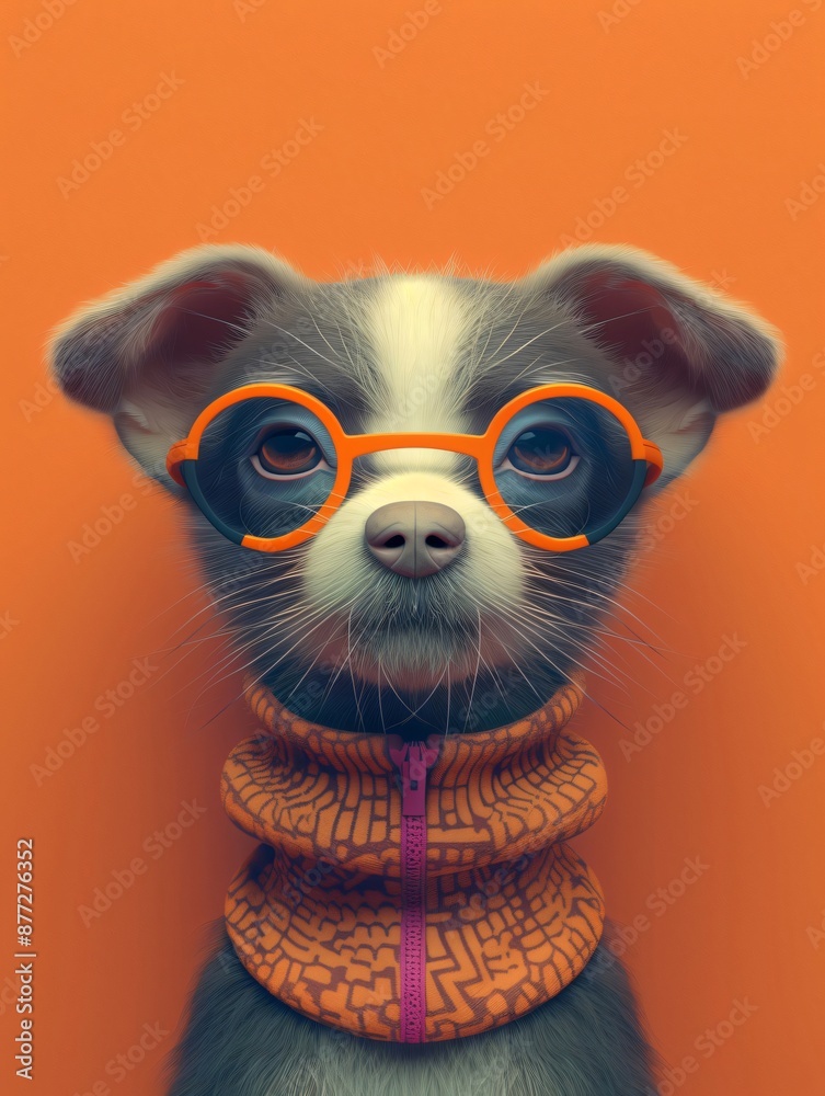 Small puppy dog poses on an orange background, wearing orange glasses and a cute sweatshirt with a pink zipper, exuding style and cuteness. anthropomorphic creature Small puppy dog poses on an orange background, wearing orange glasses and a cute sweatshirt with a pink zipper, exuding style and cuteness. anthropomorphic creature