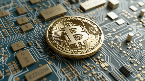 Golden Bitcoin Coin on a Circuit Board Close Up