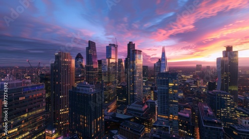 Modern city skyline at sunset with colorful sky. Tall buildings and skyscrapers shine under the setting sun. Urban cityscape illuminated by golden light.