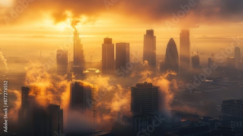 Golden Sun Over Modern City Skyline with Misty Skyscrapers and Orange Clouds